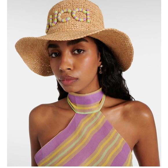 Gucci Logo Straw Raffia Multicolor Patch Hat Medium 57 Womens - Picture 10 of 10